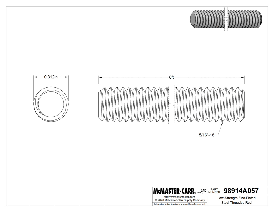 Technical Drawing of Low-Strength Zinc-Plated Steel Threaded Rod, 5/16"-18 Thread Size, 8 Feet Long.